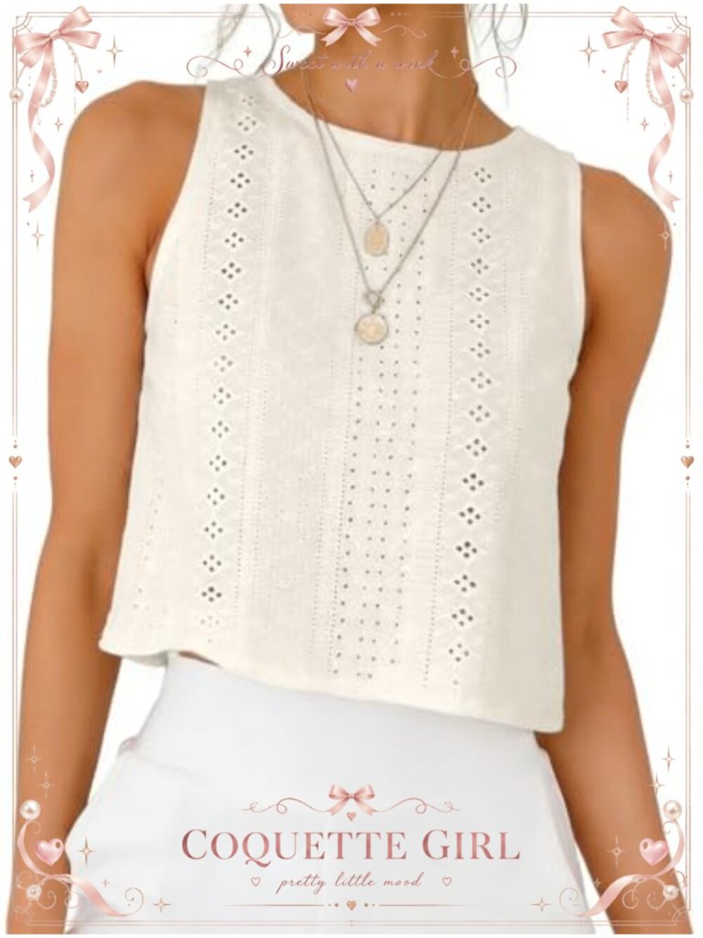 Eyelet Crop Tank Top Sleeveless High Neck Back Button Blouse
